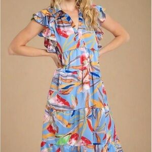 Umgee Large Vibrant Blue and Red Floral Tiered Midi Dress